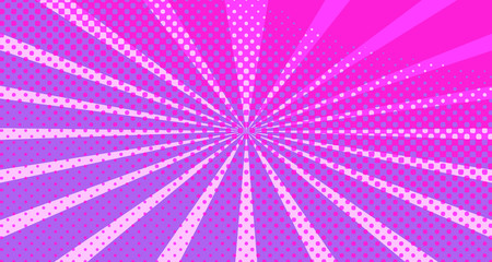 Vintage colorful comic book background. Red violet blank bubbles of different shapes. Rays, radial, halftone, dotted effects. For sale banner empty Place for text 1960s. Copy space vector eps10.