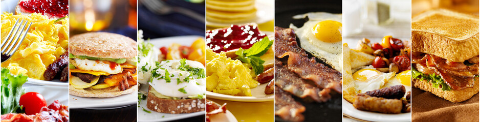 assortment of breakfast foods collage - obrazy, fototapety, plakaty