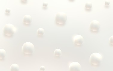 White pearls 3d illustration. Shiny texture. Pastel beads pattern. Holiday gleam texture. Subtle background. Balls reflection on light surface.