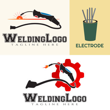Welding torch logo with spark concept design. Welder tool icon. electrode. workshop. technology - Vector set