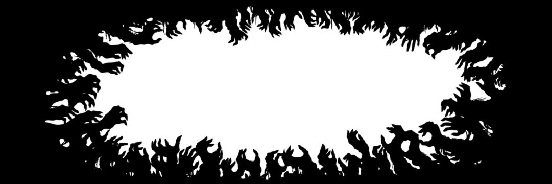 Zombie hands silhouettes frame/ Sinister horizontal black frame with zombie hands