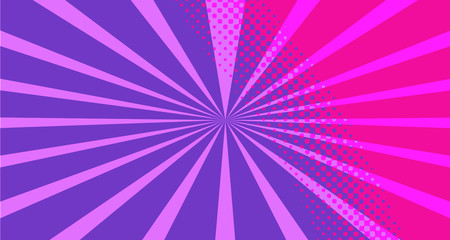 Vintage colorful comic book background. Red violet blank bubbles of different shapes. Rays, radial, halftone, dotted effects. For sale banner empty Place for text 1960s. Copy space vector eps10.