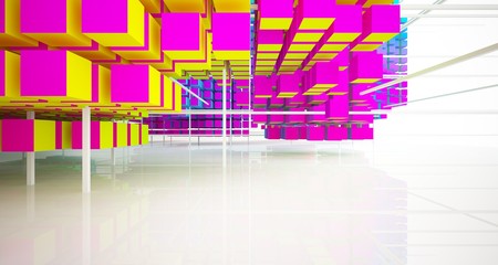 Abstract white and colored gradient  interior multilevel public space from array cubes with window. 3D illustration and rendering.