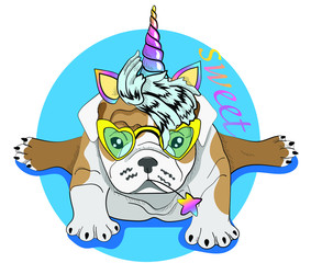 Cute bulldog puppy in the rim - unicorn. Sweet - the lettering. Postcard, poster, composition for t-shirts, print in the style of hand-drawn