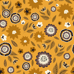 Seamless floral pattern. Various flowers on an elegant yellow-gold background. Beautiful Botanical print in hand-drawn style. Vector illustration. Perfect template for prints, fashion fabrics, covers.