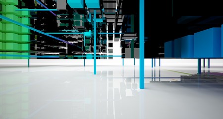Abstract white and colored gradient  interior multilevel public space from array cubes  with window. 3D illustration and rendering.