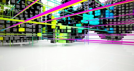 Abstract white and colored gradient  interior multilevel public space from array cubes  with window. 3D illustration and rendering.