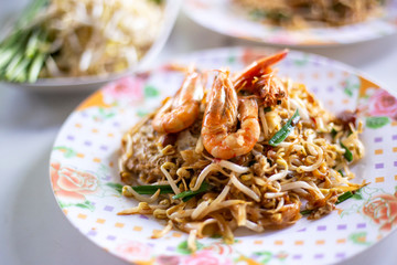 Pad thai with shrimps. Thai stir-fried noodles with fresh shrimp.
