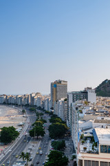 view of Copacabana beach right side during late afternoon, taken from the rooftop of a hotel, some shadows can be seen on the beach. Rio de Janeiro, Brazil