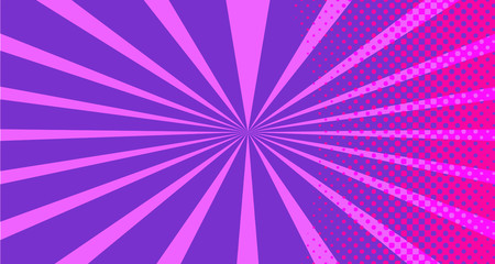 Vintage colorful comic book background. Red violet blank bubbles of different shapes. Rays, radial, halftone, dotted effects. For sale banner empty Place for text 1960s. Copy space vector eps10.