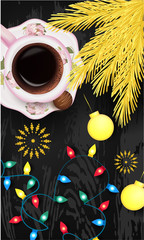 Christmas banner with Christmas lights, cup of coffee, Christmas balls, pine branch