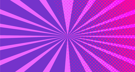 Vintage colorful comic book background. Red violet blank bubbles of different shapes. Rays, radial, halftone, dotted effects. For sale banner empty Place for text 1960s. Copy space vector eps10.