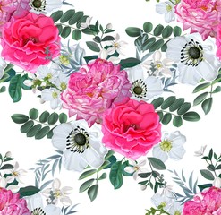 Pink rose with leaves seamless pattern on white background vector illustration