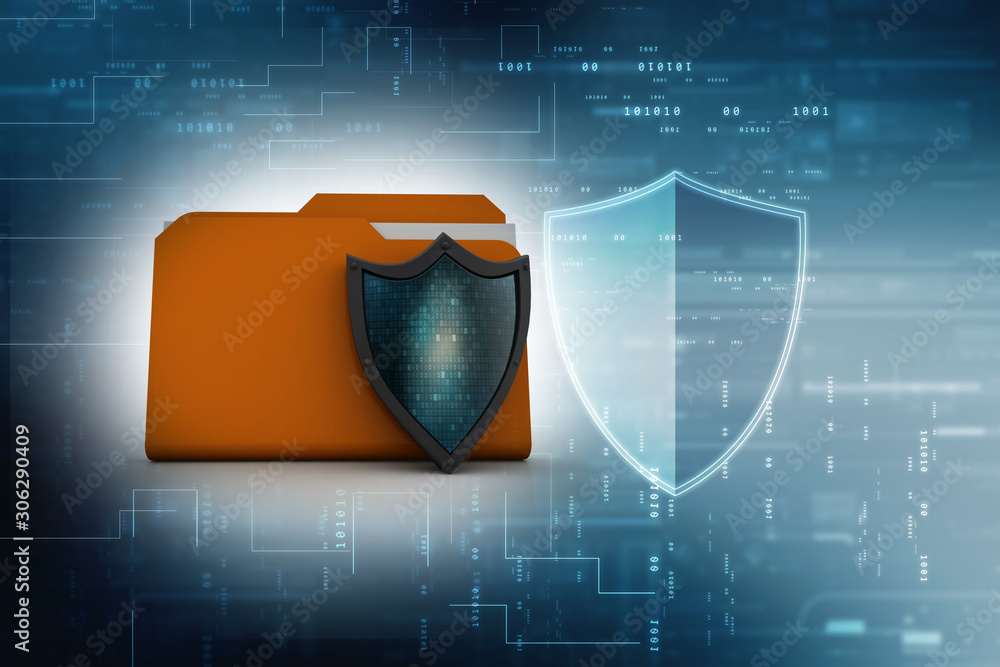Poster laptop folder with shield. Isolated 3d rendering image