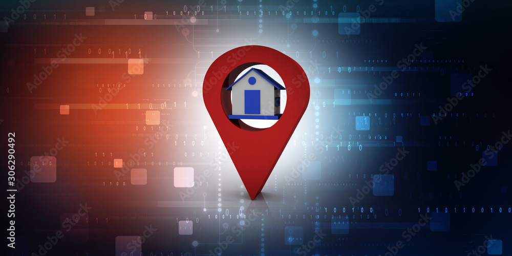 Poster 3d illustration search for property.a map with large red gps pointer containing