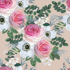 Flower bouquet with pink rose and white flowers with leaves vector illustration