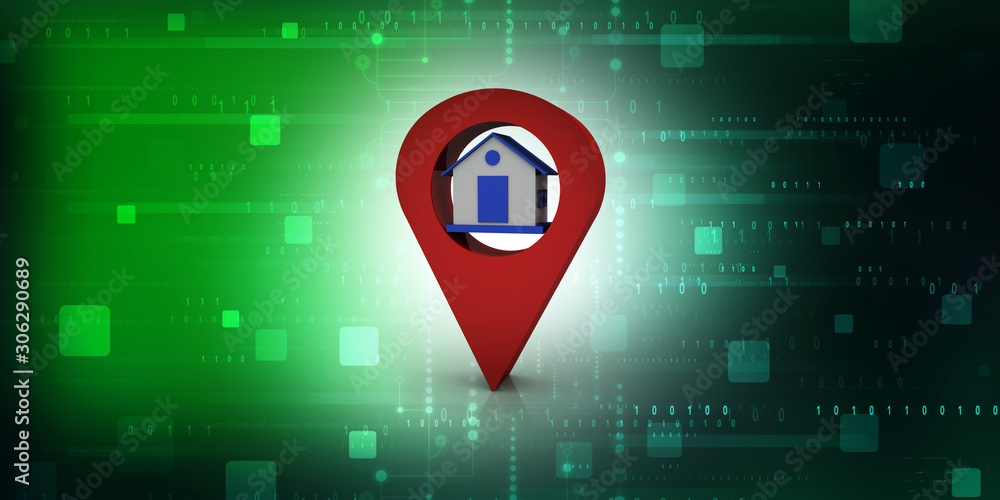 Poster 3d illustration search for property.a map with large red gps pointer containing