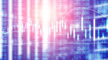 Stock market K line chart concept creative drawing with a fuzzy financial center building in the background