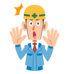 青い作業着の工事現場の男性が驚く
