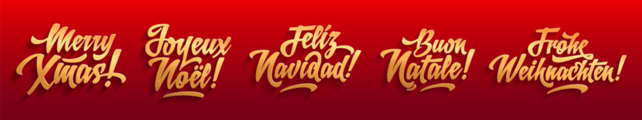 Vector Merry Christmas card golden logo template set with greetings in spanish, english, french, german and italian languages. Buon natale. Feliz navidad. Joyeux noel. Merry xmas. Frohe Weihnachten.