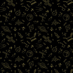 Doodle space seamless pattern. Gold outline cosmic objects on black background. Vecctor illustration.