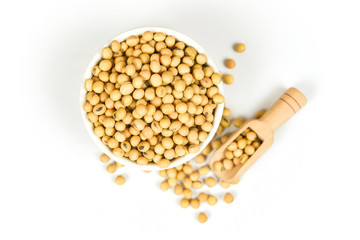 Soybean isolated on white background / dry soy beans on bowl