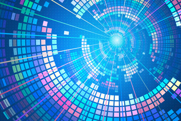 Color block composition glows in a rotating abstract technology background