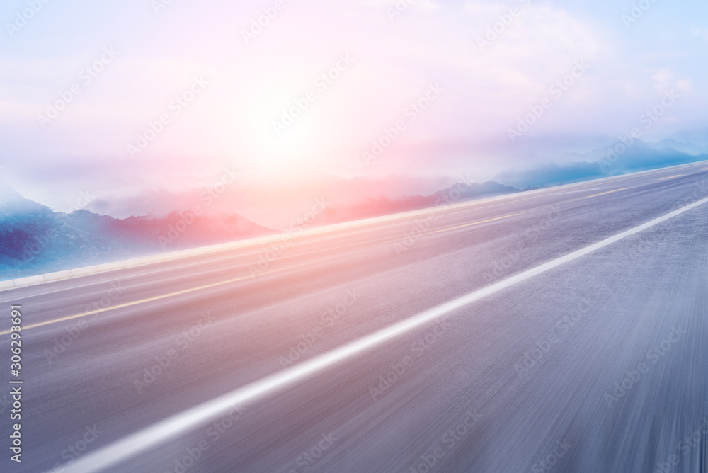 Wall mural seaside highway, distant mountain as the background material for the car advertisement.