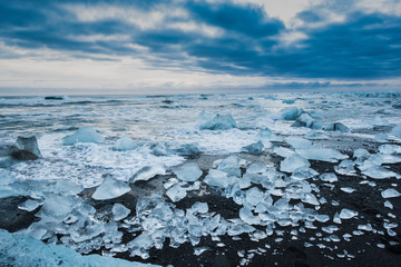 Ice on the black sand beach, diamond beach in Iceland 