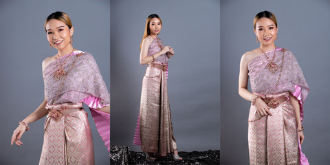 Pink Lotus Dress of Thai Traditional Costume or South East Asia gold Dress in Asian Woman with decoration stand portrait in many poses under Studio lighting grey background, collage group pack