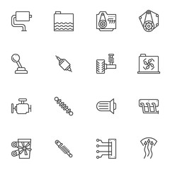 Car parts line icons set. linear style symbols collection, outline signs pack. vector graphics. Set includes icons as exhaust pipe, engine gears, radiator cooling, shock absorber, gearbox, suspension