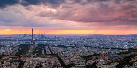 Panorama of the Eiffel Tower at sunset