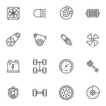 The car parts line icons set. linear style symbols collection, outline signs pack. vector graphics. Set includes icons as brake pads, spark plug, speedometer, battery, radiator fan, chassis, headlight