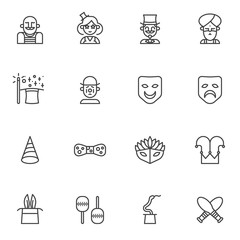 Circus artists line icons set. linear style symbols collection, outline signs pack. vector graphics. Set includes icons as strong man, magician, clown, acrobat, wizard, magic wand and hat trick, mask