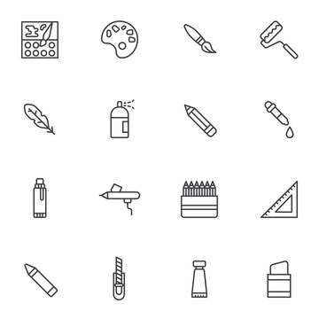 Painting tool line icons set. Graphic design linear style symbols collection outline signs pack. vector graphics. Set includes icons as color palette paintbrush, pipette, pencil, pen, sprayer, eraser