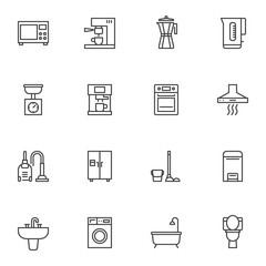 Home appliances line icons set. Kitchenware utensils linear style symbols collection, outline signs pack. vector graphics. Set includes icons as microwave oven, gas stove, coffee pot, teapot, fridge