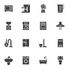 Home appliances vector icons set, modern solid symbol collection, filled style pictogram pack. Signs, logo illustration. Set includes icons as microwave oven, gas stove, coffee pot, teapot, fridge