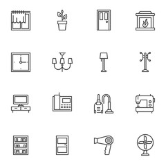 Home interior furniture line icons set. linear style symbols collection, outline signs pack. vector graphics. Set includes icons as curtains, flower pot, fireplace, wall clock, chandelier, book shelf