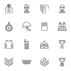 Military line icons set. Army forces linear style symbols collection, outline signs pack. vector graphics. Set includes icons as helmet, binoculars, fighter jet pilot, body armor, military rank, medal
