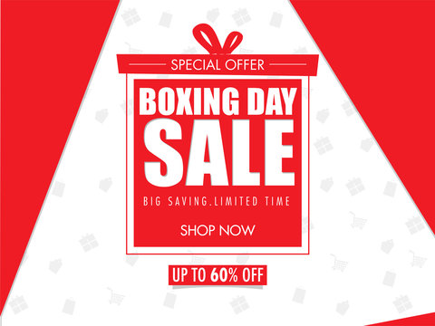 Boxing Day Sale poster design with 60% discount offer on red and white shopping element background.