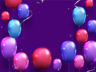 Colorful Glossy Balloons with Silver Confetti Ribbon Decorated on Purple Background.