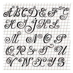 alphabet, black hand written monogram capital letters on a scribbled sheet in vintage style, vector clip art