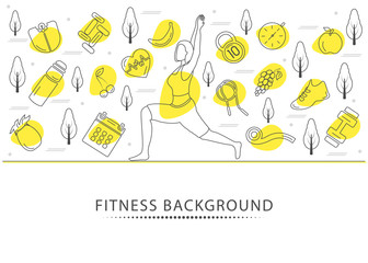 Fitness vector banner background with healthy lifestyle line icons