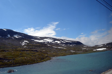 Obraz premium Railway travel in Norway.Views in the train. Flamsban. The Bergen - Oslo train. Norway