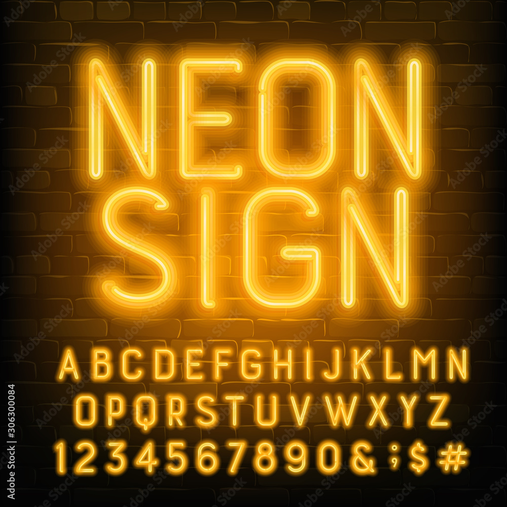 Fototapete neon sign alphabet font. yellow neon letters and numbers. brick wall background. stock vector typesc