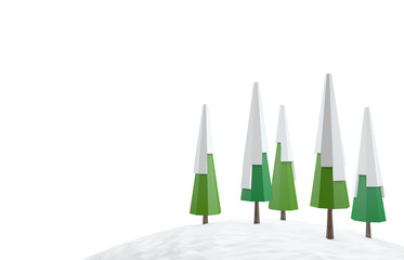 Conceptual polygonal winter pine trees under the snow in a low poly style. Template for banner, poster, flyer, cover, brochure, magazine page, etc.. 3D illustration