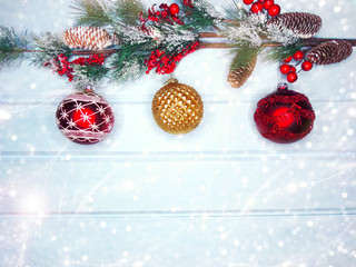 winter background with fir branches decor and snow