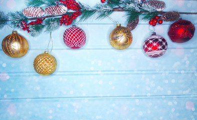 winter background with fir branches decor and snow