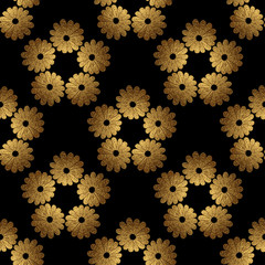 Flowers gold hand painted seamless pattern. Abstract floral golden background. Gypsy nature glitter texture.