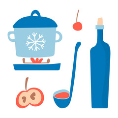Vector flat illustration with set for mulled wine, pan, wine in cartoon modern style. Design elements for christmas card, poster, invitation, poster, packaging.